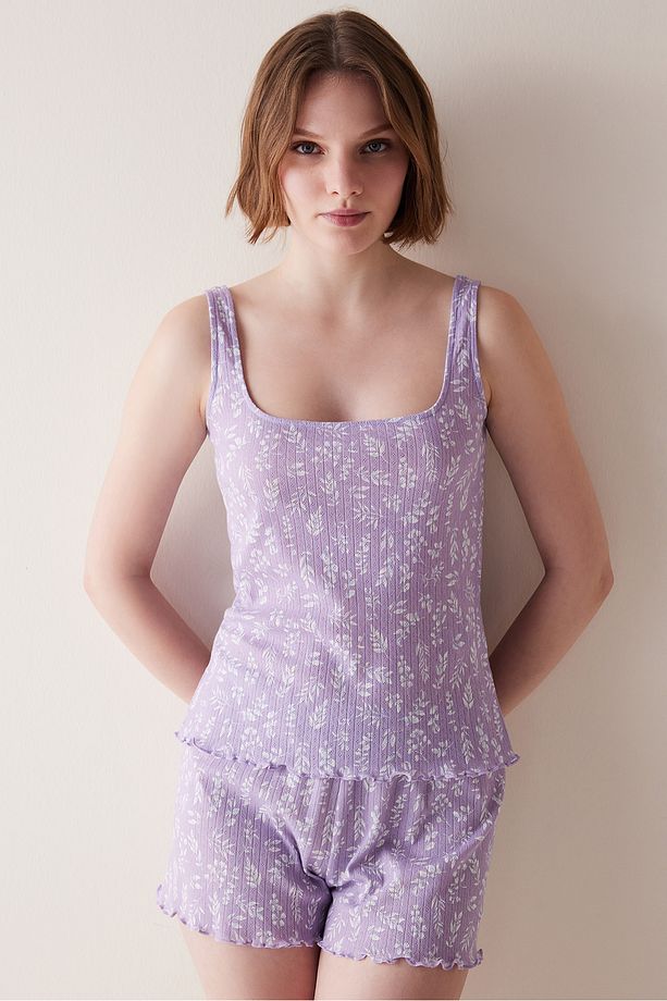 Lila Pointel Şortlu Pijama Takımı - 1
