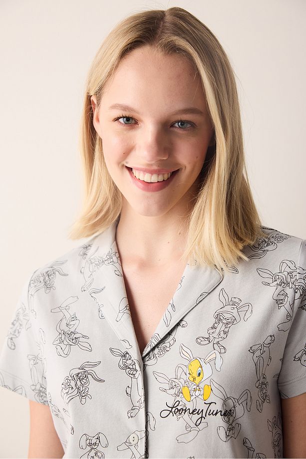 Pamuklu Tweety Açık Gri Gömlek Pantolon Pijama Takımı - 3