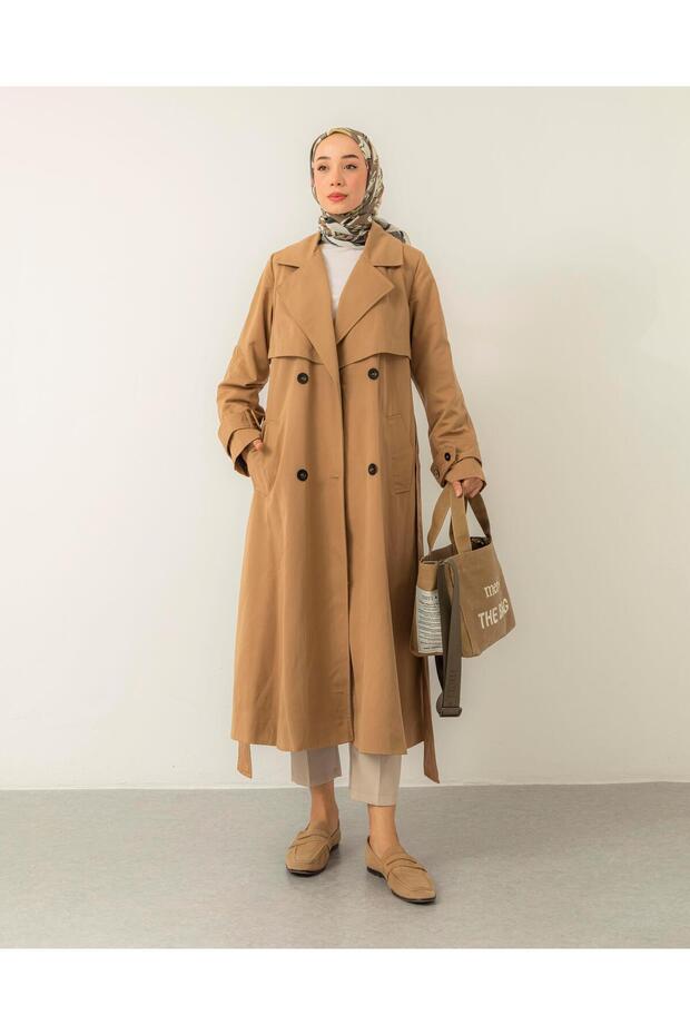 Dört Düğmeli Camel Trençkot - 3