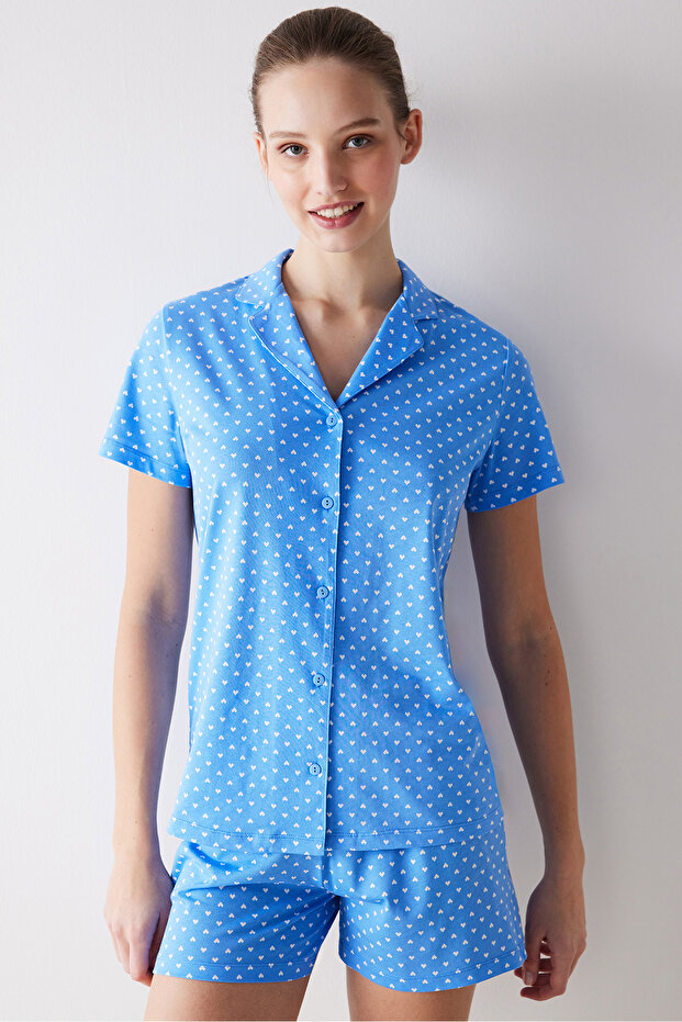 Tiny Hearts Blue Button down Shirt Shorts Pajama Set