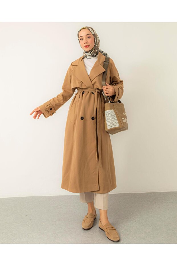 Dört Düğmeli Camel Trençkot - 1