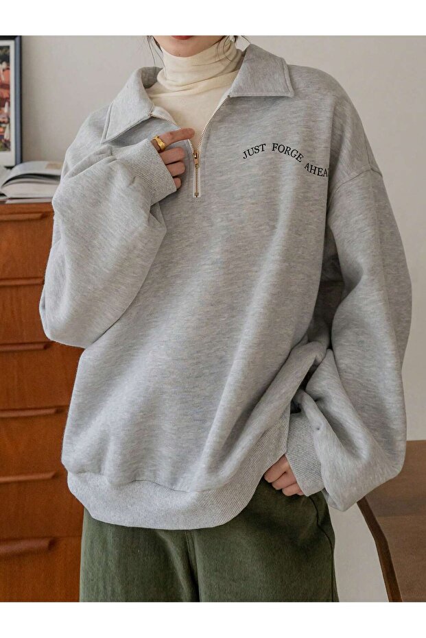 Just Forge Half Zipper Sweatshirt - Gray Printed Oversize Stand Collar