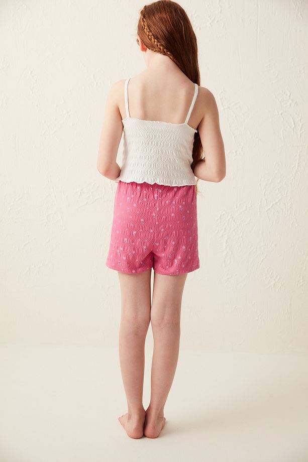 Kız Çocuk Beyaz Askılı Üst Ve Pembe Çiçek Desenli Şort Pijama Takımı - 5