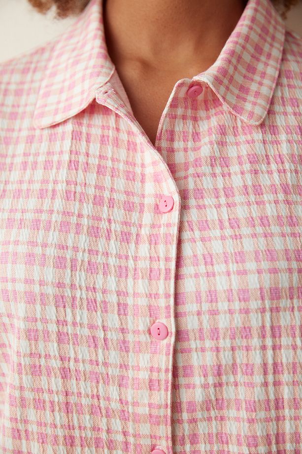 Turuncu Peache Gingham Gömlek Şort Pijama Takımı - 3