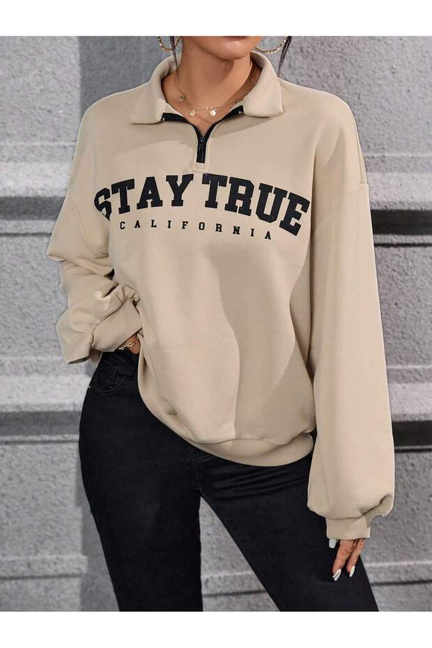 Stay True Half Zipper Sweatshirt - Beige Printed Oversize Stand Collar