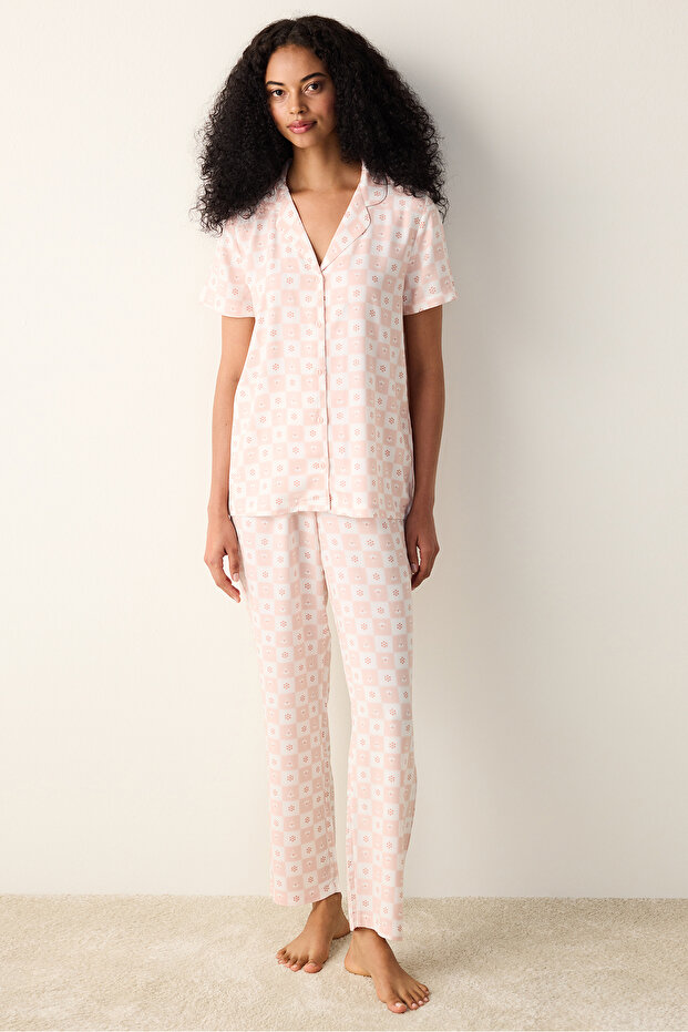 طقم بيجامة جينجهام - وردي، بأزرار - 1