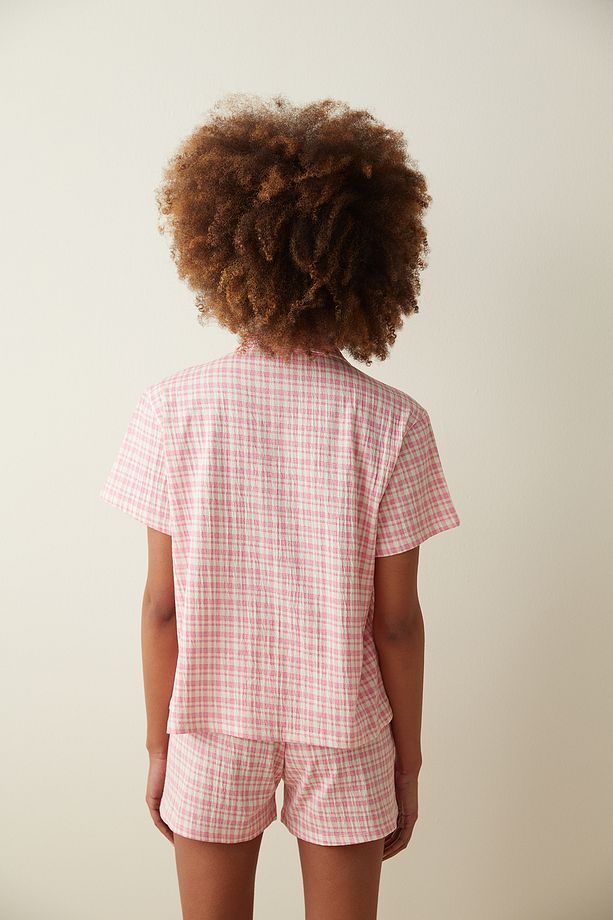 Turuncu Peache Gingham Gömlek Şort Pijama Takımı - 4
