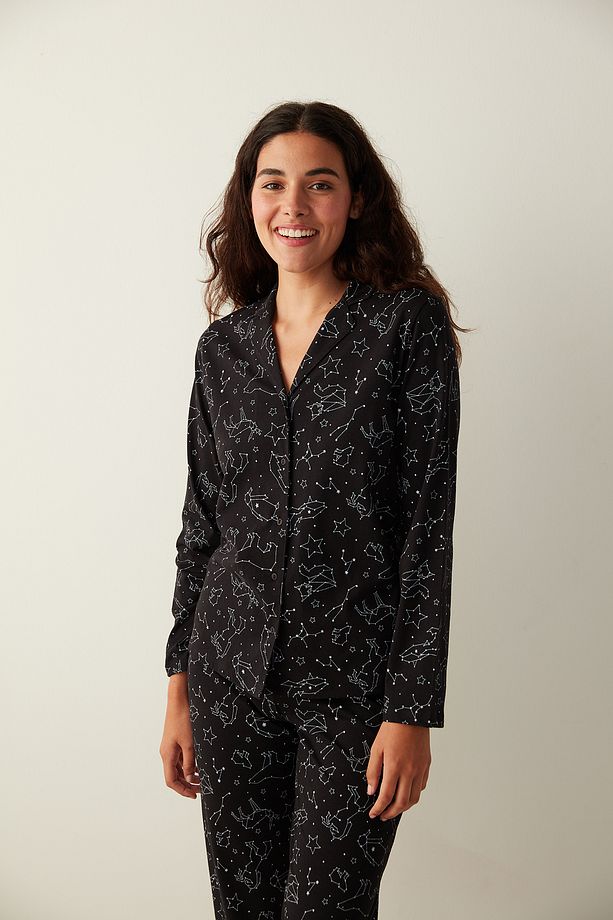 Siyah Base Constellation Gömlek Pantolon Pijama Takımı - 3