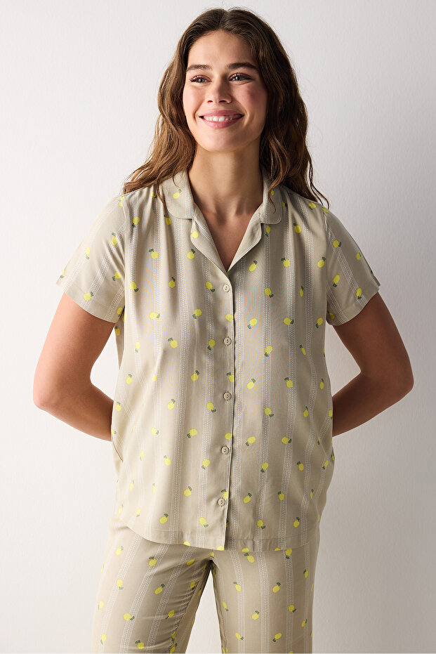 Lemon Print Light Green Button Shirt Pants Pajamas Set