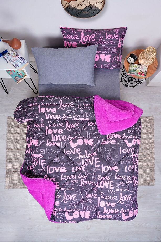 Love Desen Welsoft Pamuklu Çift Taraflı Pofuduk Tek Kişilik Uyku Seti - 1