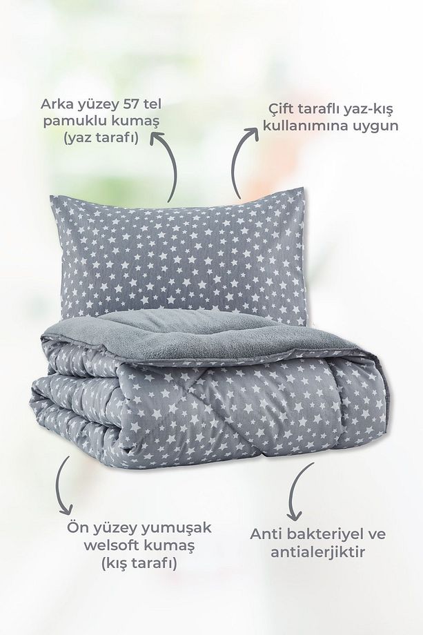 Star Desenli Çift Kişilik Çift Taraflı Welsoft Uyku Seti Wellsoft Battaniye Pofuduk Yumuşak Uyku Set - 3