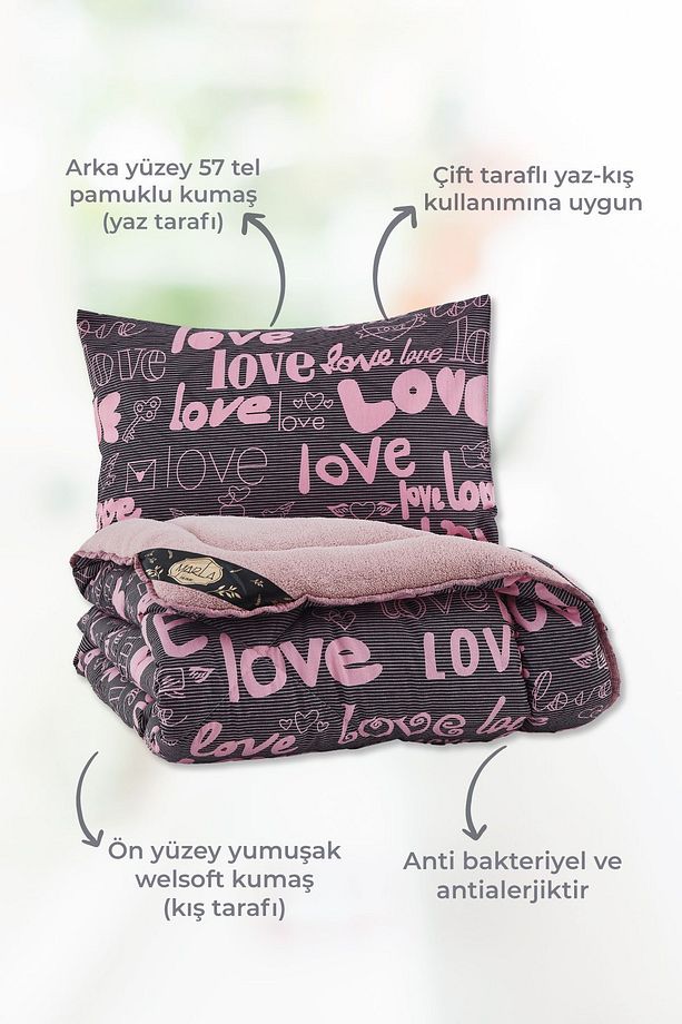 Love Desen Welsoft Pamuklu Çift Taraflı Pofuduk Tek Kişilik Uyku Seti - 3