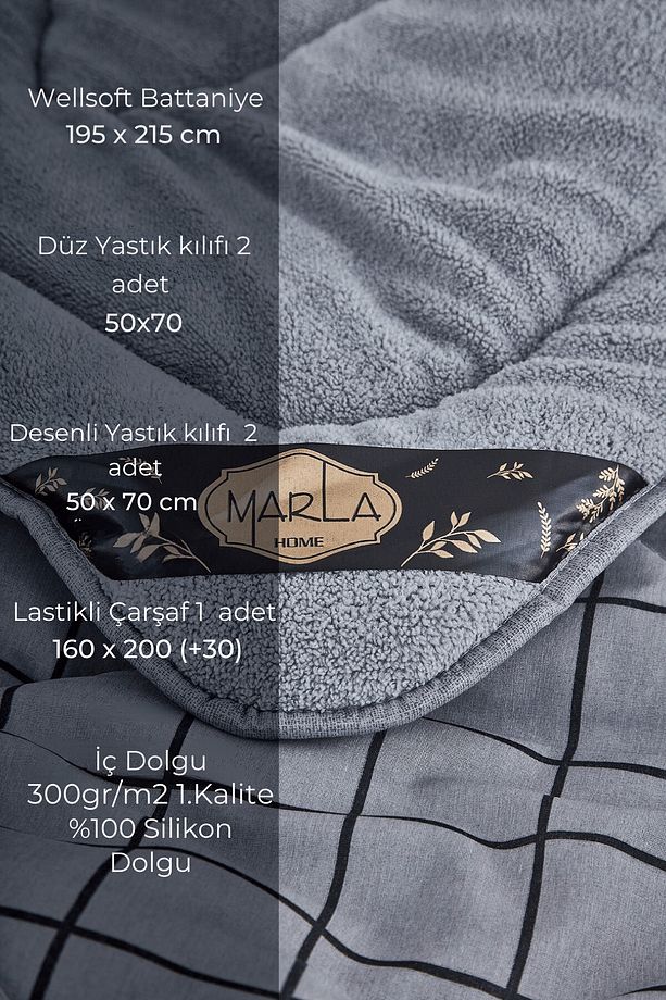 Line Desenli Çift Kişilik Çift Taraflı Welsoft Uyku Seti Wellsoft Battaniye Pofuduk Yumuşak Uyku Set - 2
