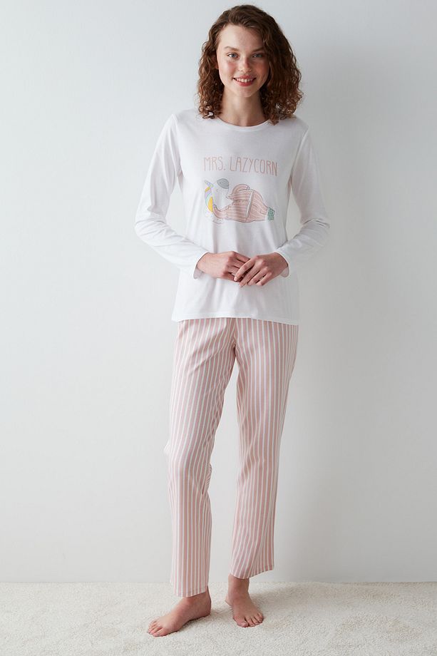 Lazycorn Baskılı Pembe Pijama Takımı - 1