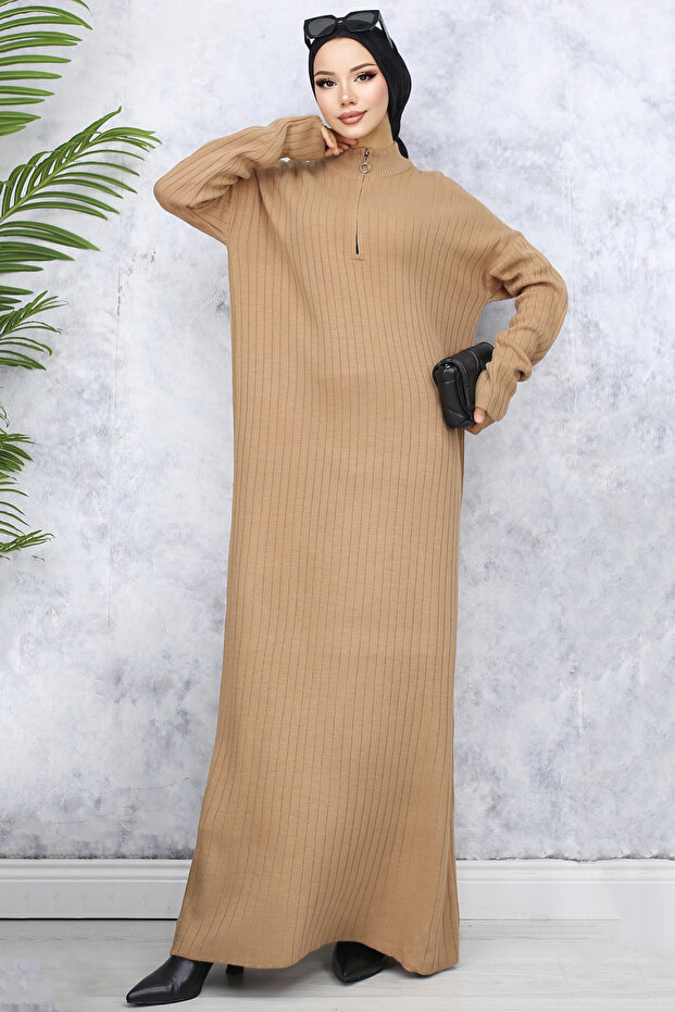 11026 Collar Zippered Ribbed Long Knitwear Dress Mink