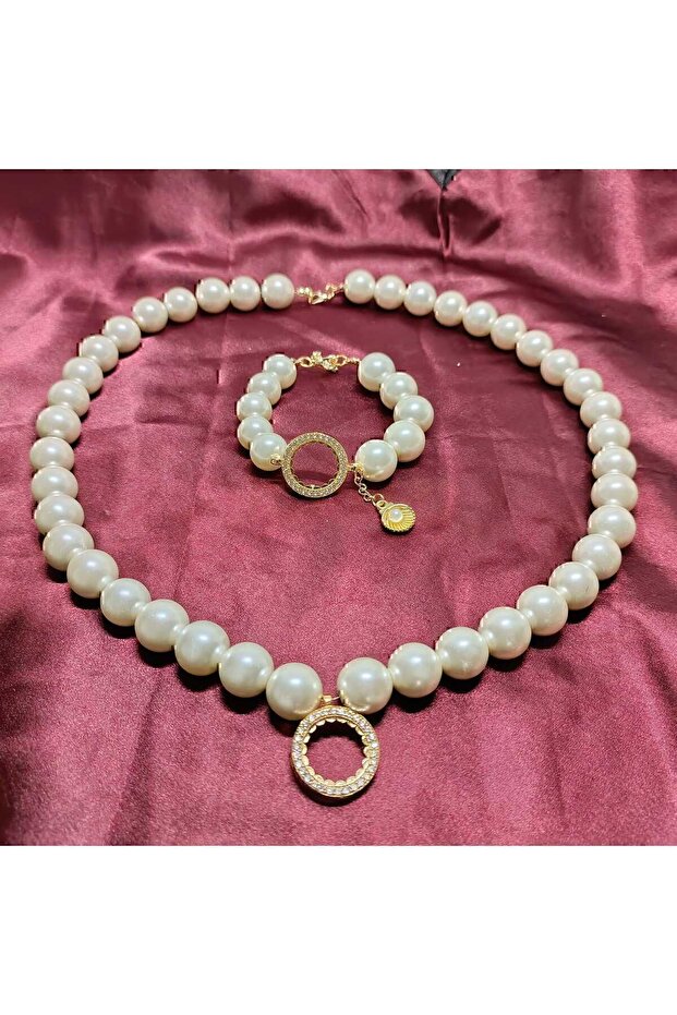 İncili Çeyrekli Bileklik ve Kolye Set - 5