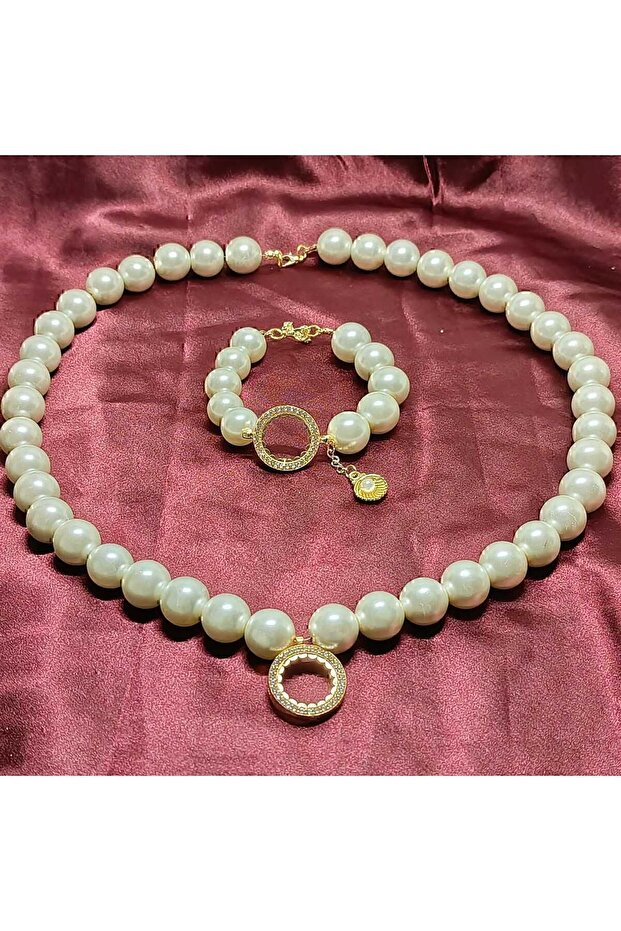 İncili Çeyrekli Bileklik ve Kolye Set - 4