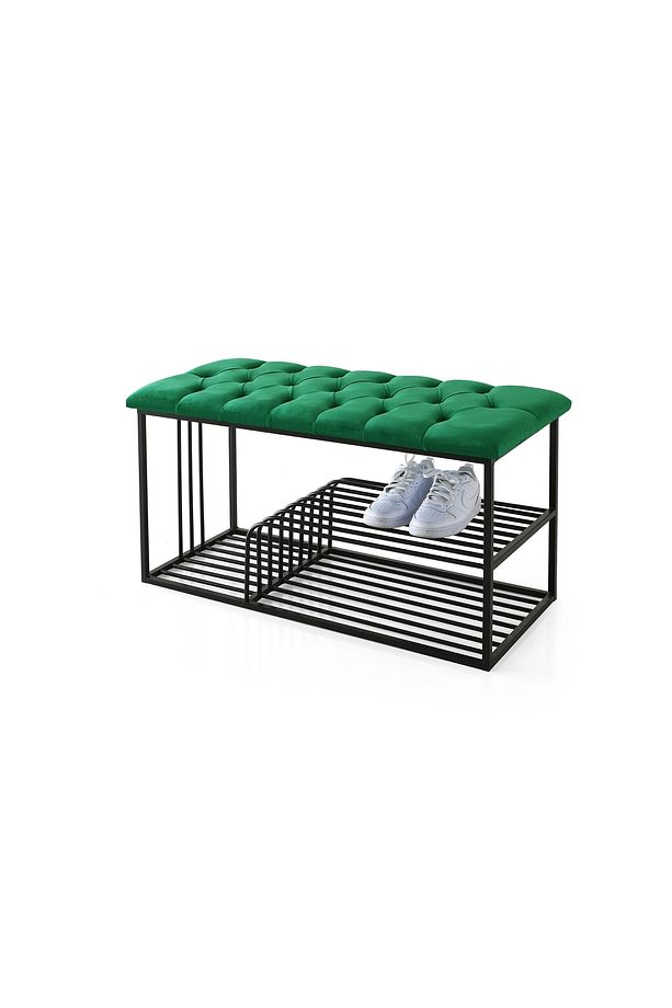 Kapitoneli Puf Bench Kapı Önü Metal Ayakkabılık Yeşil - 1