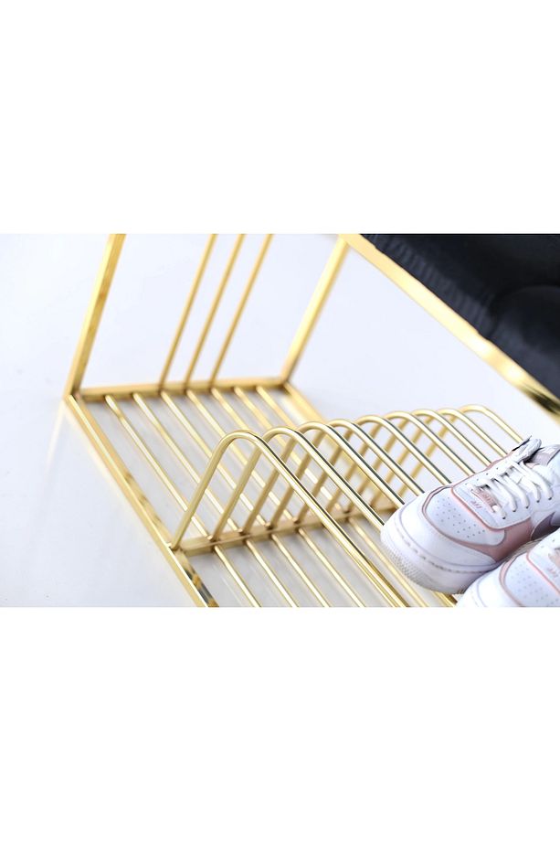 Kapitoneli Puf Bench Kapı Önü Metal Ayakkabılık Gri - 3