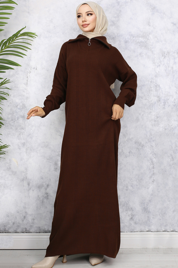 11028-09 Corded Knitwear Dress with Zippered Collar Brown