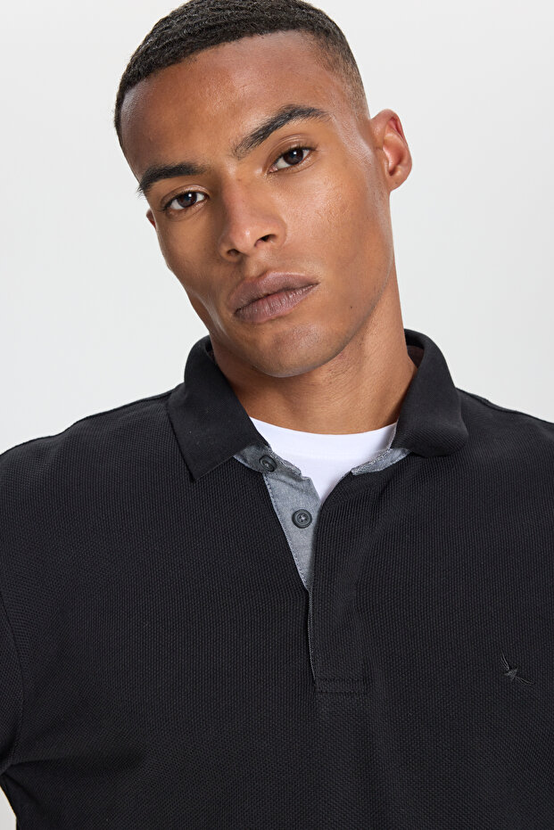 %100 Pamuk Slim Fit Dar Kesim Polo Yaka Uzun Kollu Siyah Uzun Kollu Tişört - 4