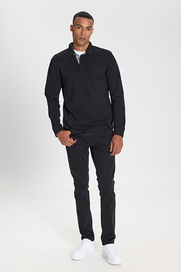 %100 Pamuk Slim Fit Dar Kesim Polo Yaka Uzun Kollu Siyah Uzun Kollu Tişört - 3
