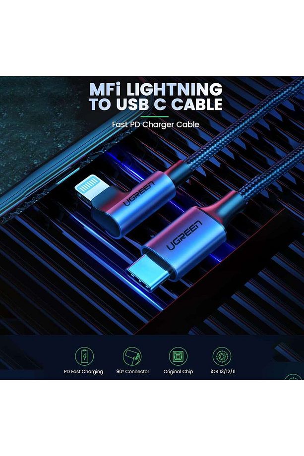 USB-C to Lightning 3A QC PD 90 Derece Örgülü Hızlı Şarj Kablosu, 2 Metre, Siyah - 60765 - 5
