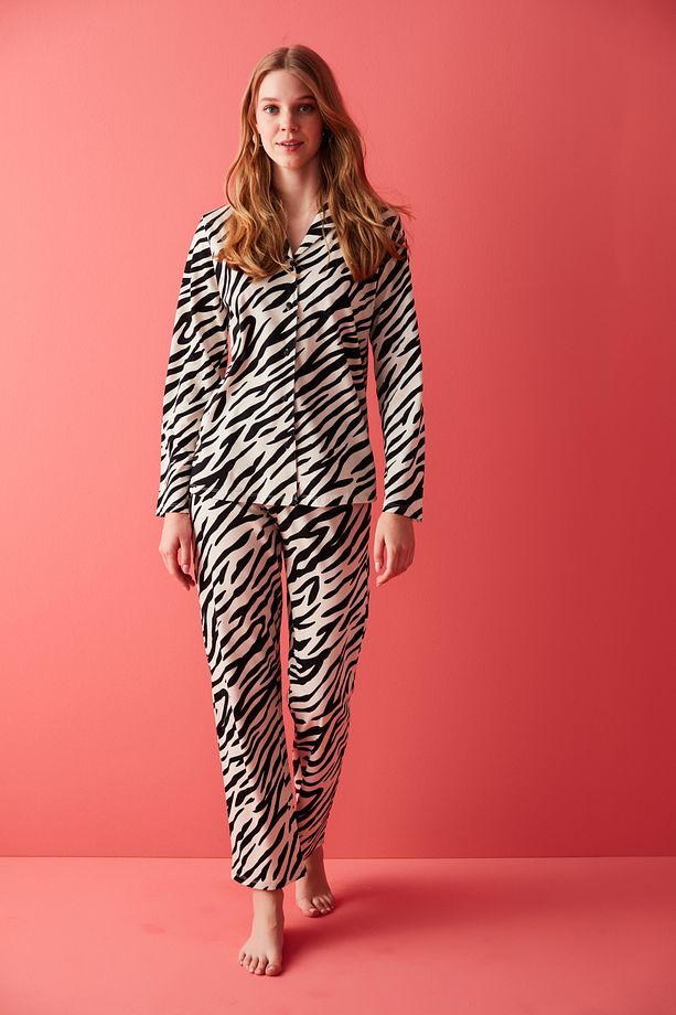 Gri Base Zebra Printed Gömlek Pijama Takımı - 2