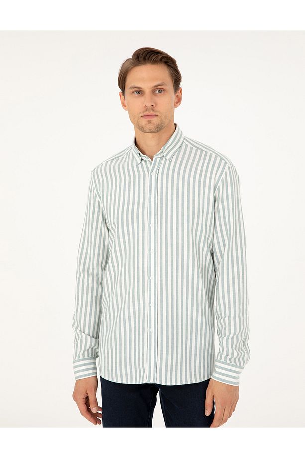 Yeşil Regular Fit Çizgili Uzun Kollu Gömlek 50295253-VR054 - 3