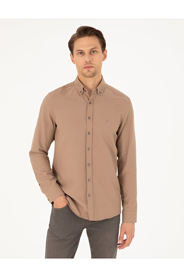 Light Brown Slim Fit Long Sleeve Shirt 50297998 -Vr002