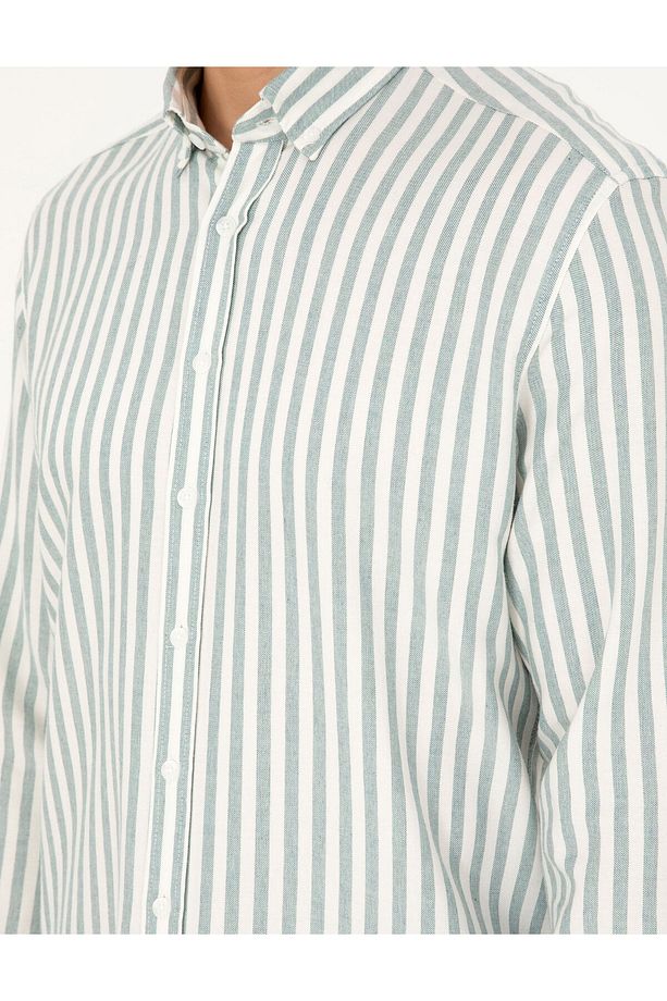 Yeşil Regular Fit Çizgili Uzun Kollu Gömlek 50295253-VR054 - 7