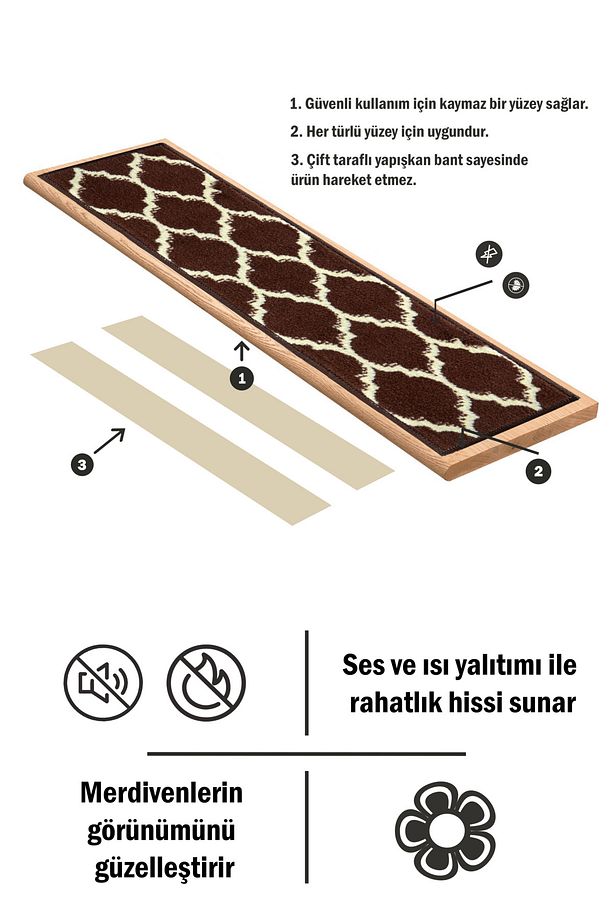 Dikdörtgen Baklava Desen Dokuma Merdiven Halısı Acı Kahve Kendinden Yapışkanlı / Adet Olarak Satılır - 3