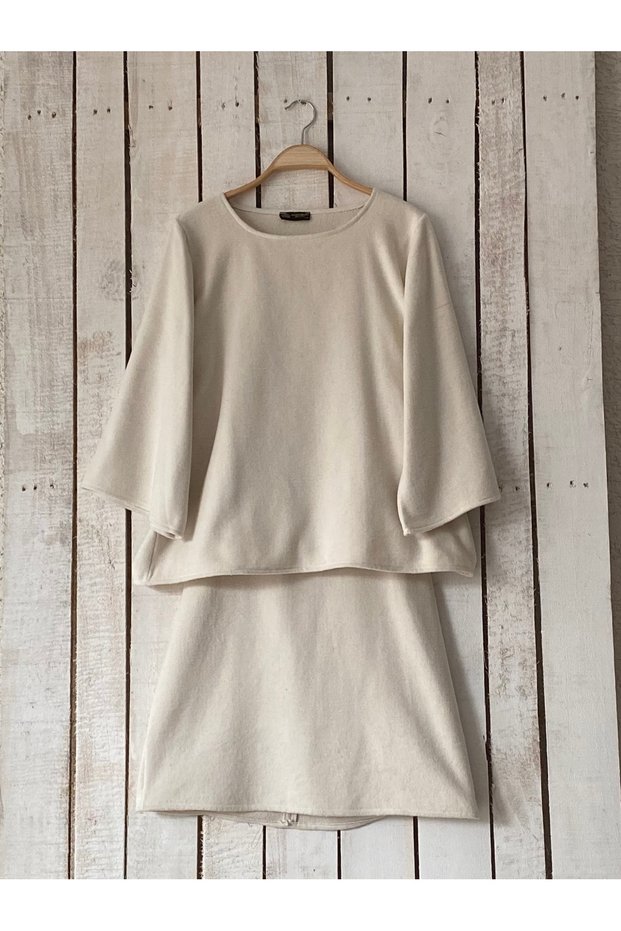 Cream Short Stamp Blouse-Skirt Set (Bluz-Skirt)
