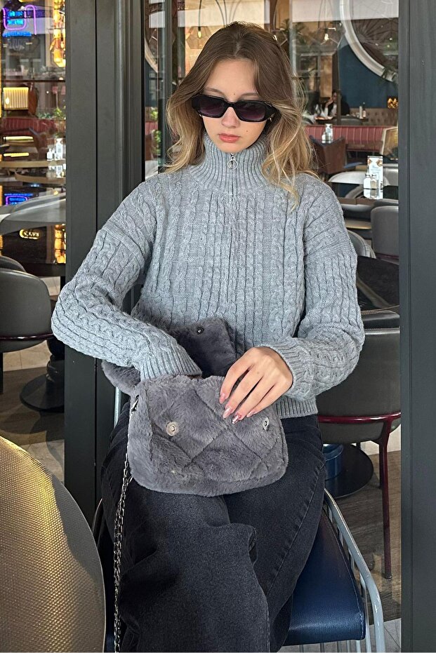 Gray Stand Collar Zipper Detailed Knitted Sweater Mg2229