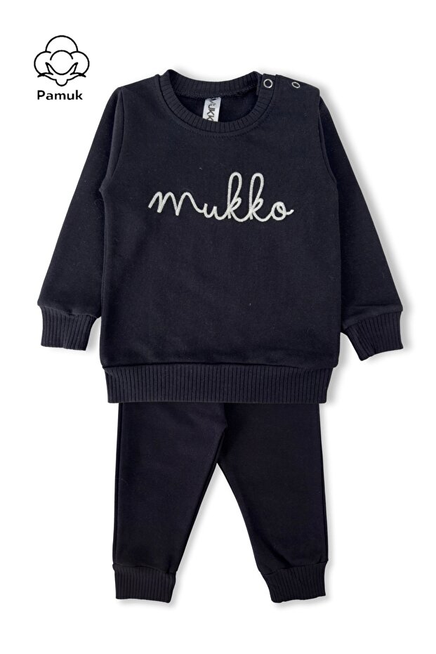 Mukko Embroidery Design Seasonal Black Unisex Boy Girl Baby Top and Bottom Set