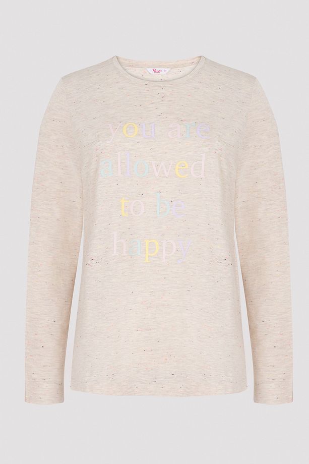 Bej Be Happy Sloganlı Tişört Pijama Üstü - 6