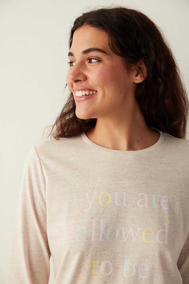 Bej Be Happy Sloganlı Tişört Pijama Üstü - 3