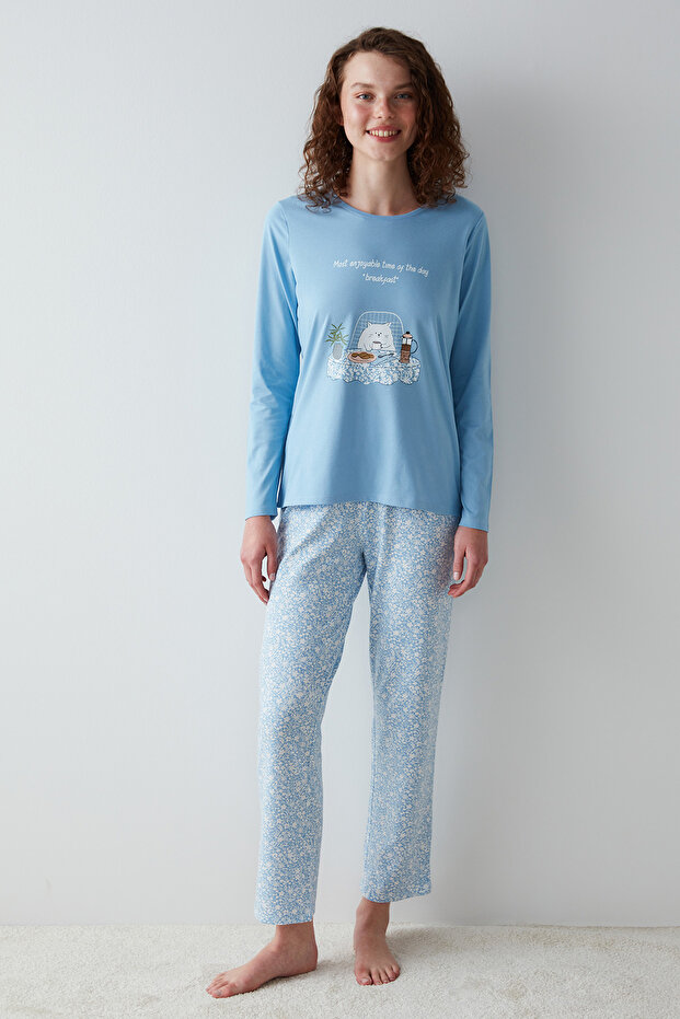 Cat Printed Blue Pajama Set