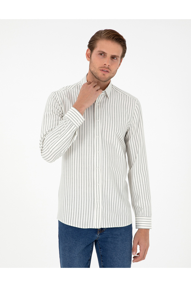 Khaki Striped Slim Fit Long Sleeve Shirt 50292261-Vr027