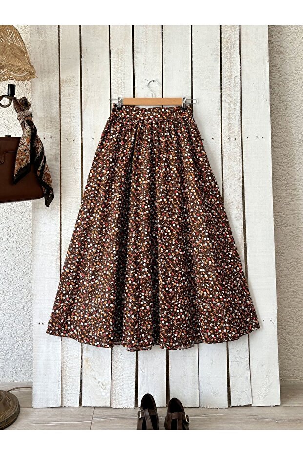 Poplin Fabric - Brown Small Floral Flared Skirt