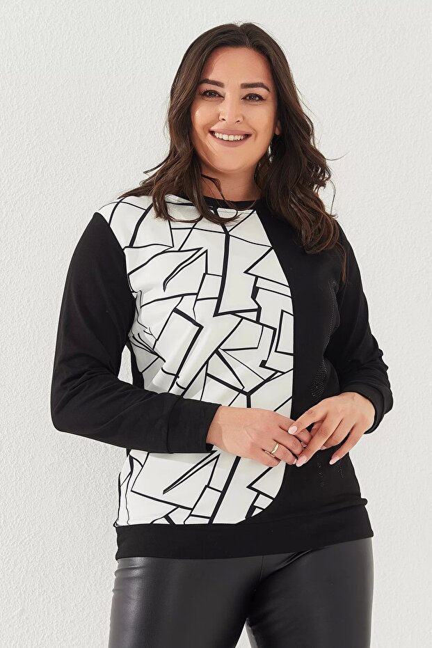Patterned Viscose Black White Plus Size Women's Blouse