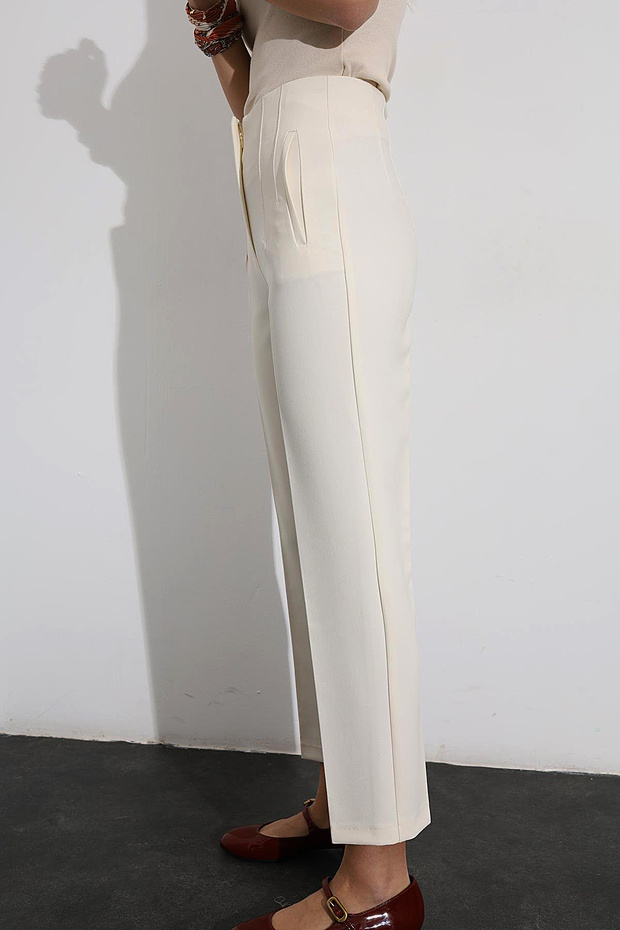 Kadın Ekru Önü Flatolu Yüksek Bel Zr Model Kumaş Pantolon - 5