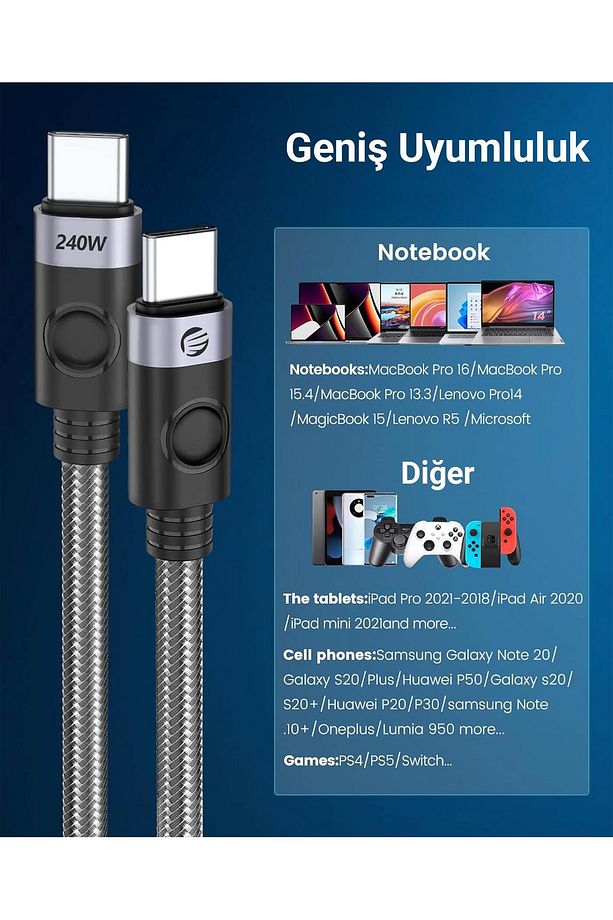 240w 5a Pd Type-c To Type-c Hızlı Şarj Ve Data Kablosu 1.5 Metre - 8