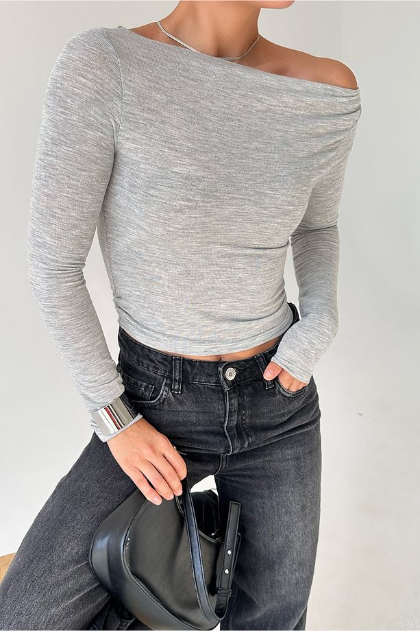 Kadın Gri Tek Omuz Detaylı Cut Out Bluz - 3