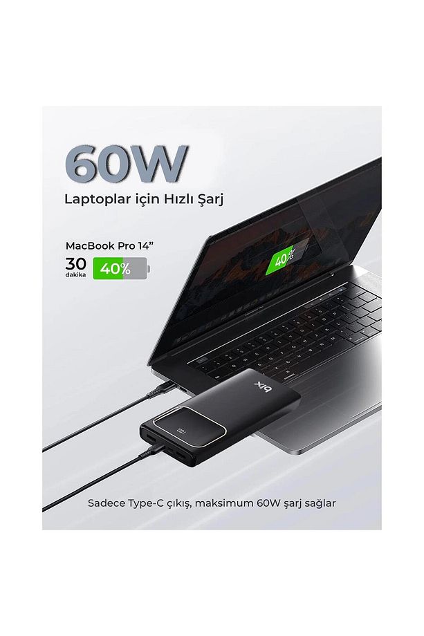 Pb303 30000mah 60w 2*usb Ve Type-c Pd Çıkışlı Hızlı Şarj Destekli Led Göstergeli Powerbank Siyah - 5
