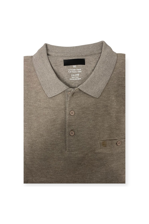 Men's Large Size Polo Neck Pocket Beige Thessaloniki Knitted Sweater 2142