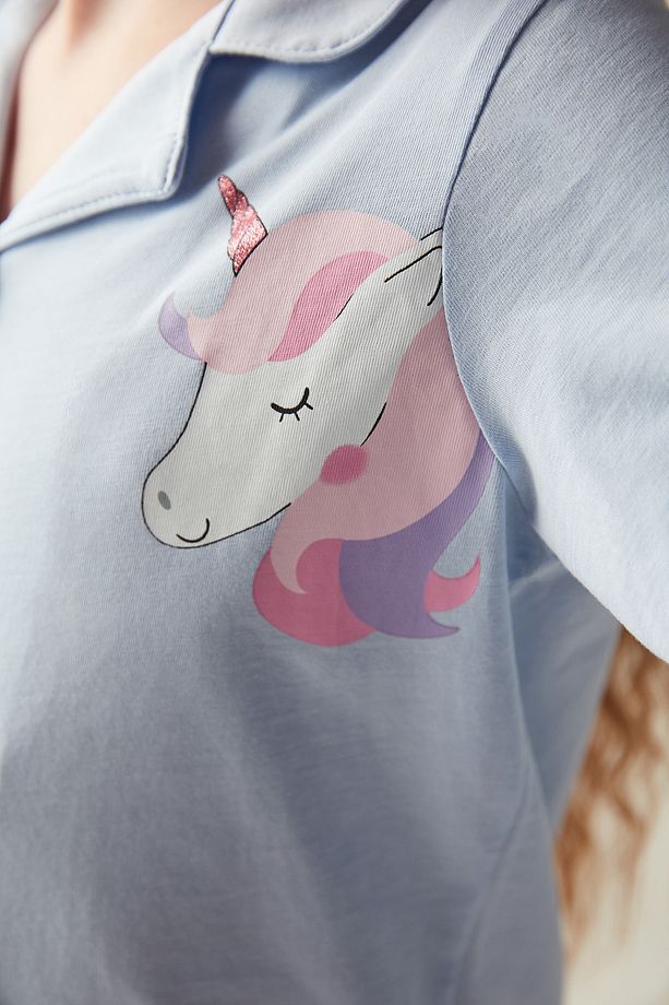 Kız Çocuk Unicorn Gömlek Mavi Pijama Takımı - 2