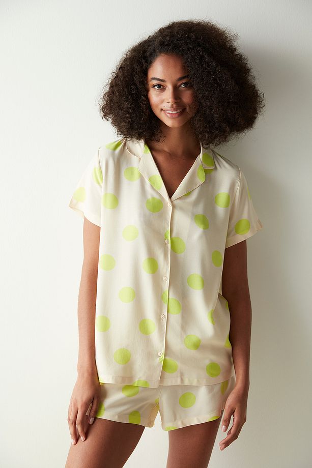 Base Yellow Dotted Gömlek Bej Şort Pijama Takımı - 4