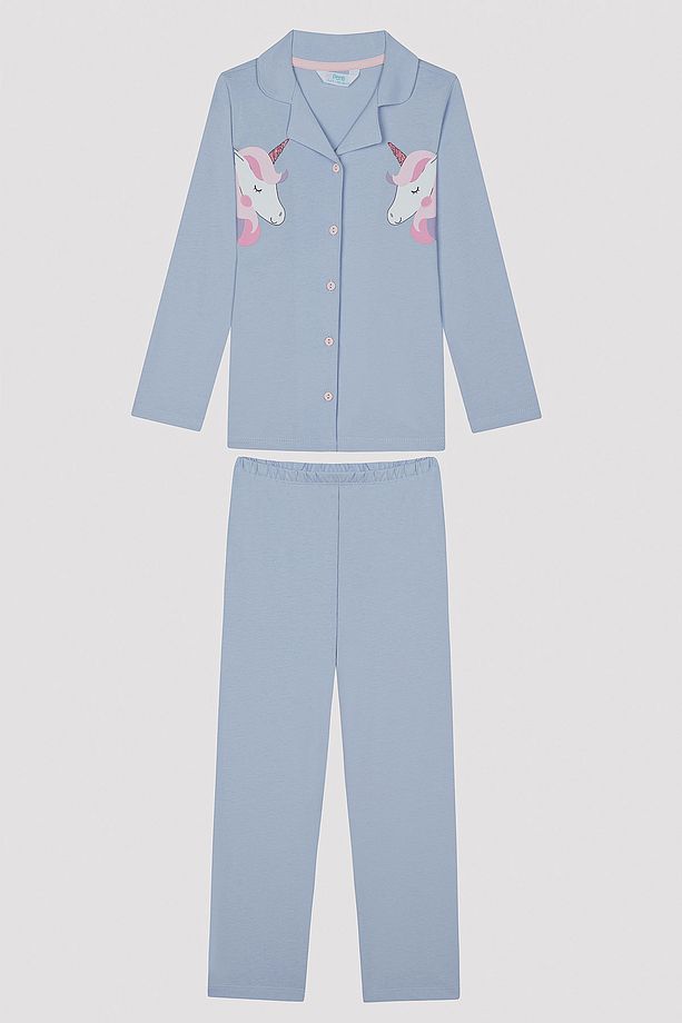 Kız Çocuk Unicorn Gömlek Mavi Pijama Takımı - 5