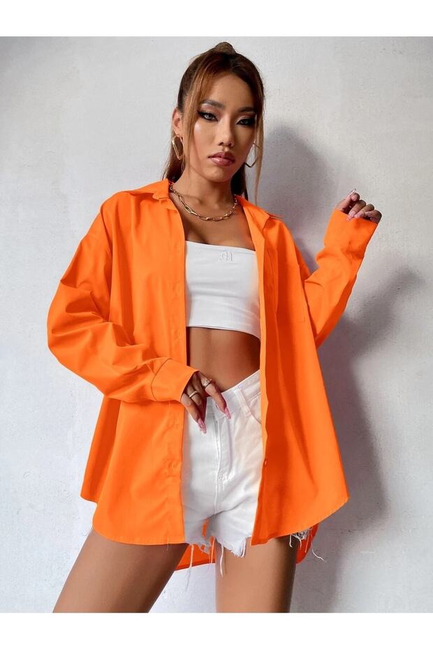 Women's Orange Oversize Long Basic Shirt - 4